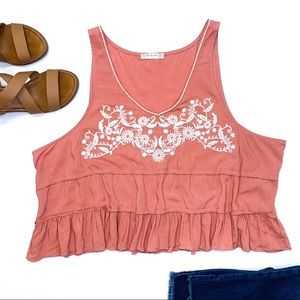 ALTAR’D STATE Large Crop Top with White Embroidered Detail and Ruffle Hem